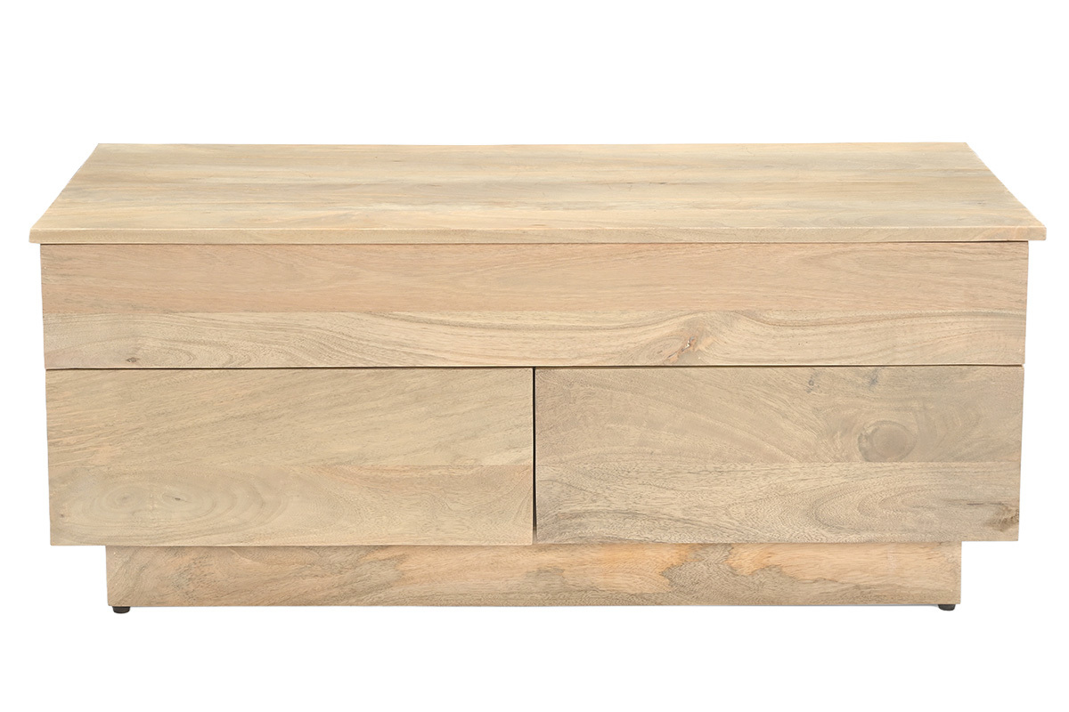 Mesa de centro rectangular elevable de madera clara de mango con cajones, vista frontal.