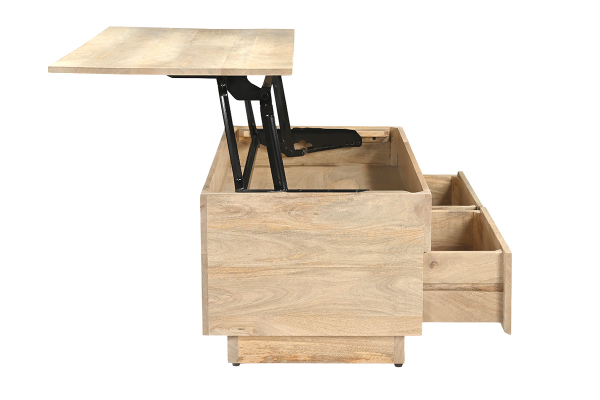 Mesa de centro elevable rectangular de madera clara de mango, vista de perfil con cajones abiertos