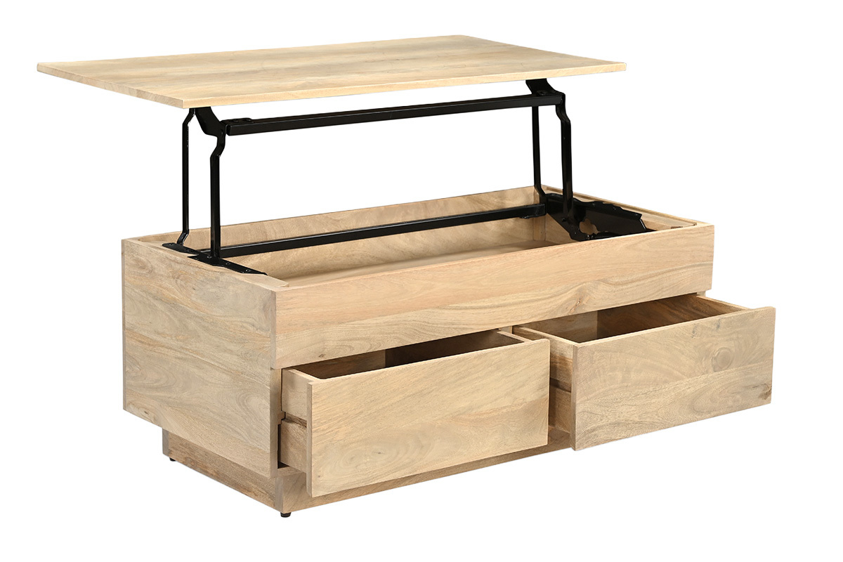 Mesa de centro elevable rectangular de mango macizo claro con almacenamiento y cajones, vista de 3/4
