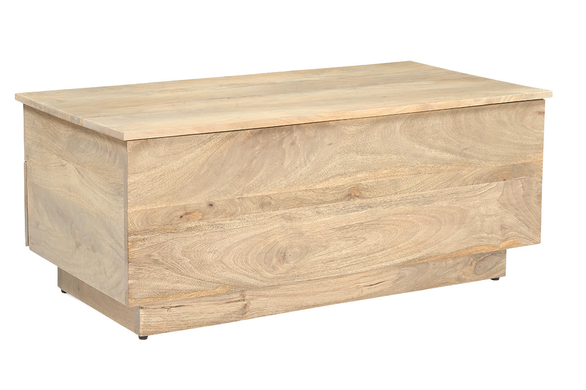 Mesa baja elevable rectangular de madera clara de mango maciza, vista en 3/4