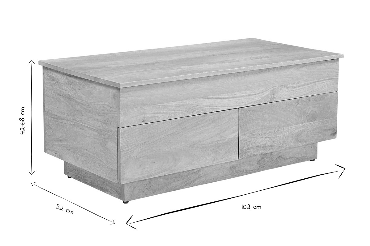 Dimensiones de la mesa de centro elevable NEXO en blanco y negro que muestran 42-68 cm, 52 cm y 102 cm.