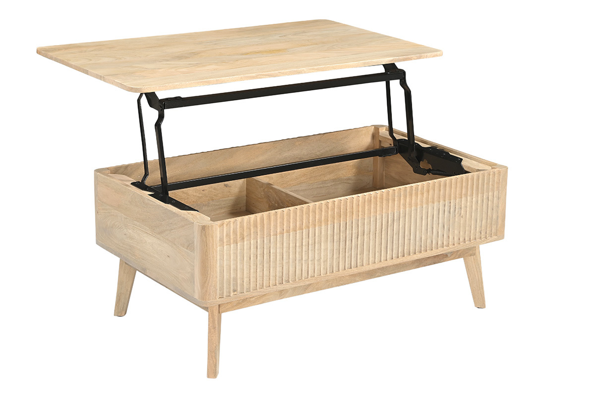 Mesa de centro elevable rectangular de madera maciza de mango con caj�n abierto, vista lateral.