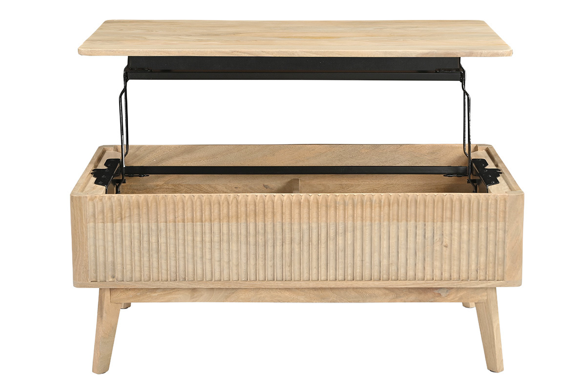 Mesa baja elevable rectangular de madera maciza de mango, vista frontal con el tablero abierto.
