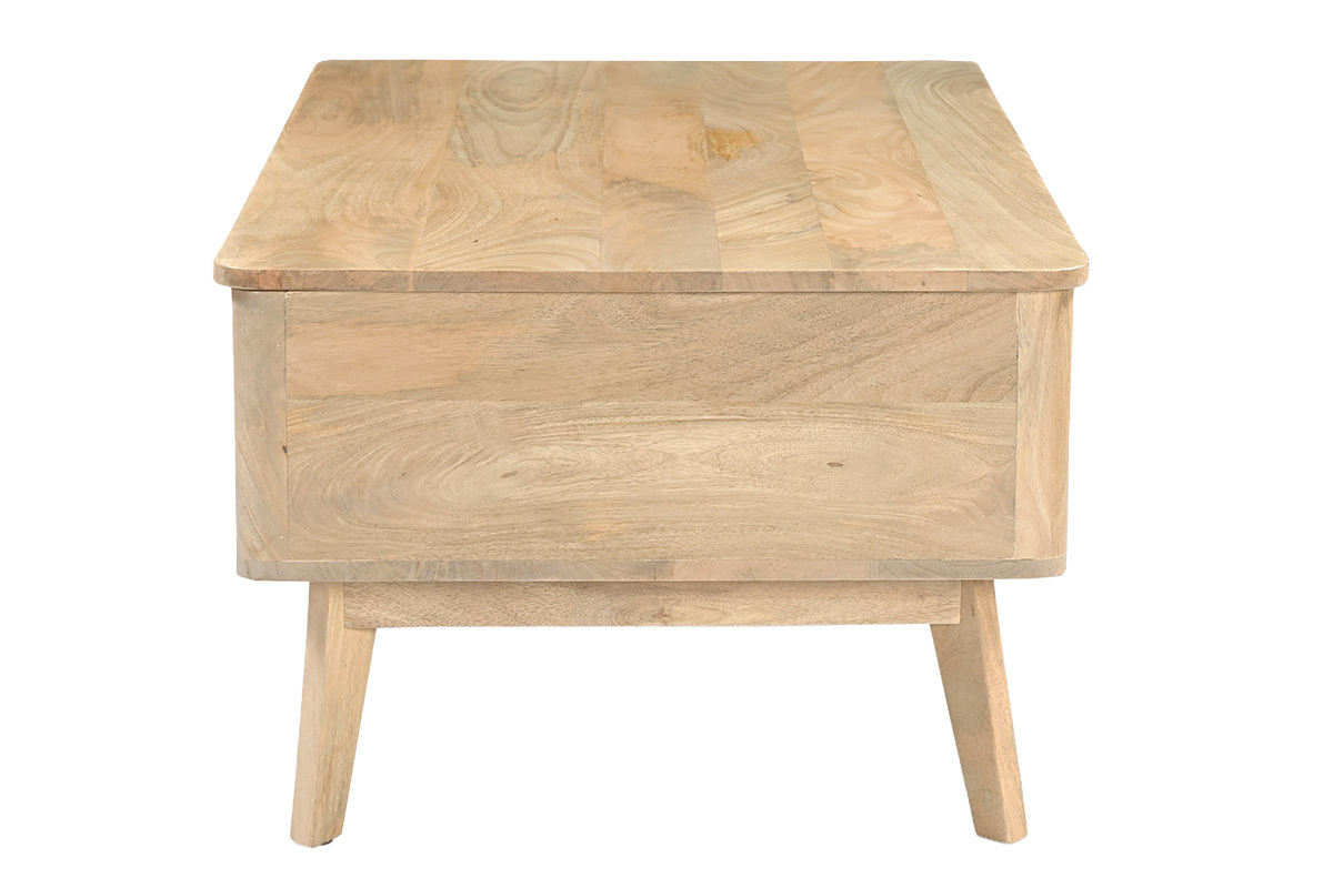 Mesa baja elevable rectangular de madera maciza de mango, vista de perfil.