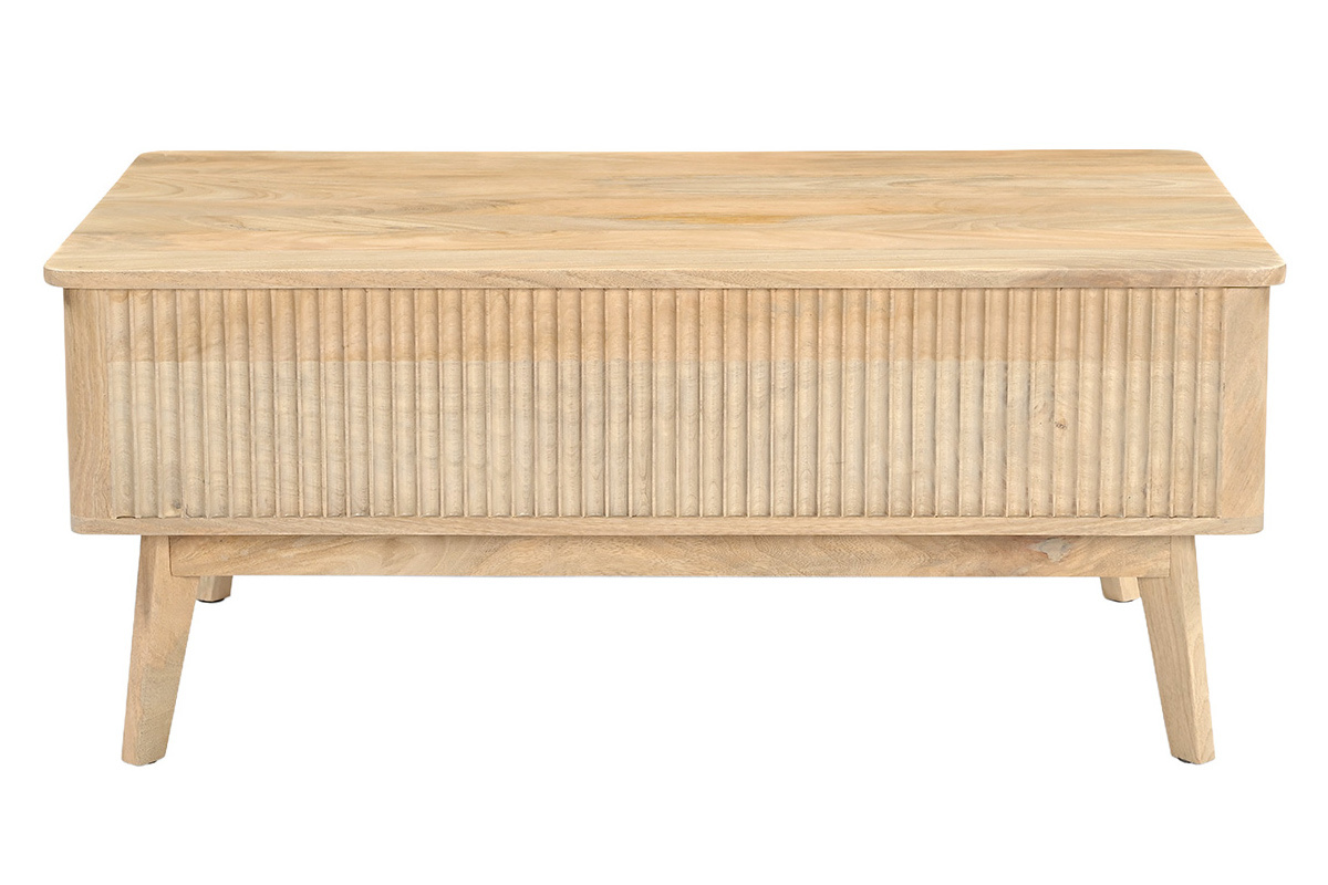 Mesa de centro elevable rectangular de madera maciza de mango, vista frontal, dise�o contempor�neo.