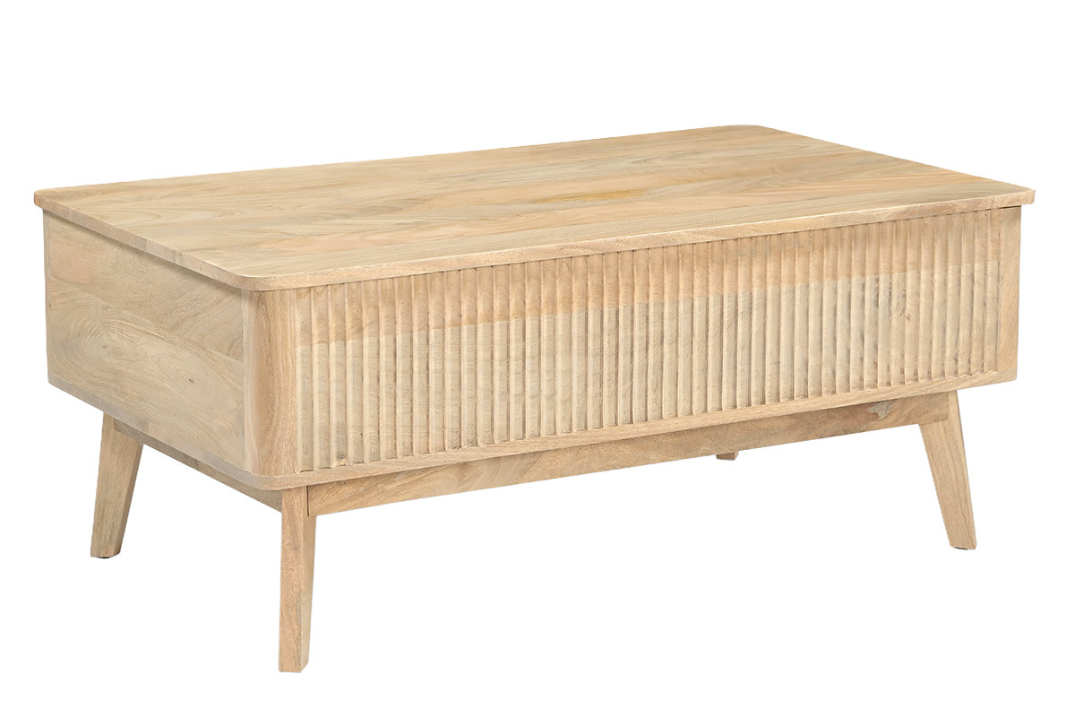 Mesa de centro elevable rectangular de madera maciza de mango, vista en tres cuartos