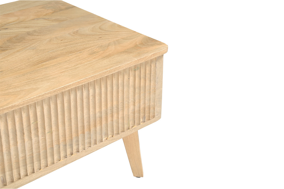 Mesa de centro elevable rectangular en madera maciza de mango vista desde arriba, estructura con ranuras.