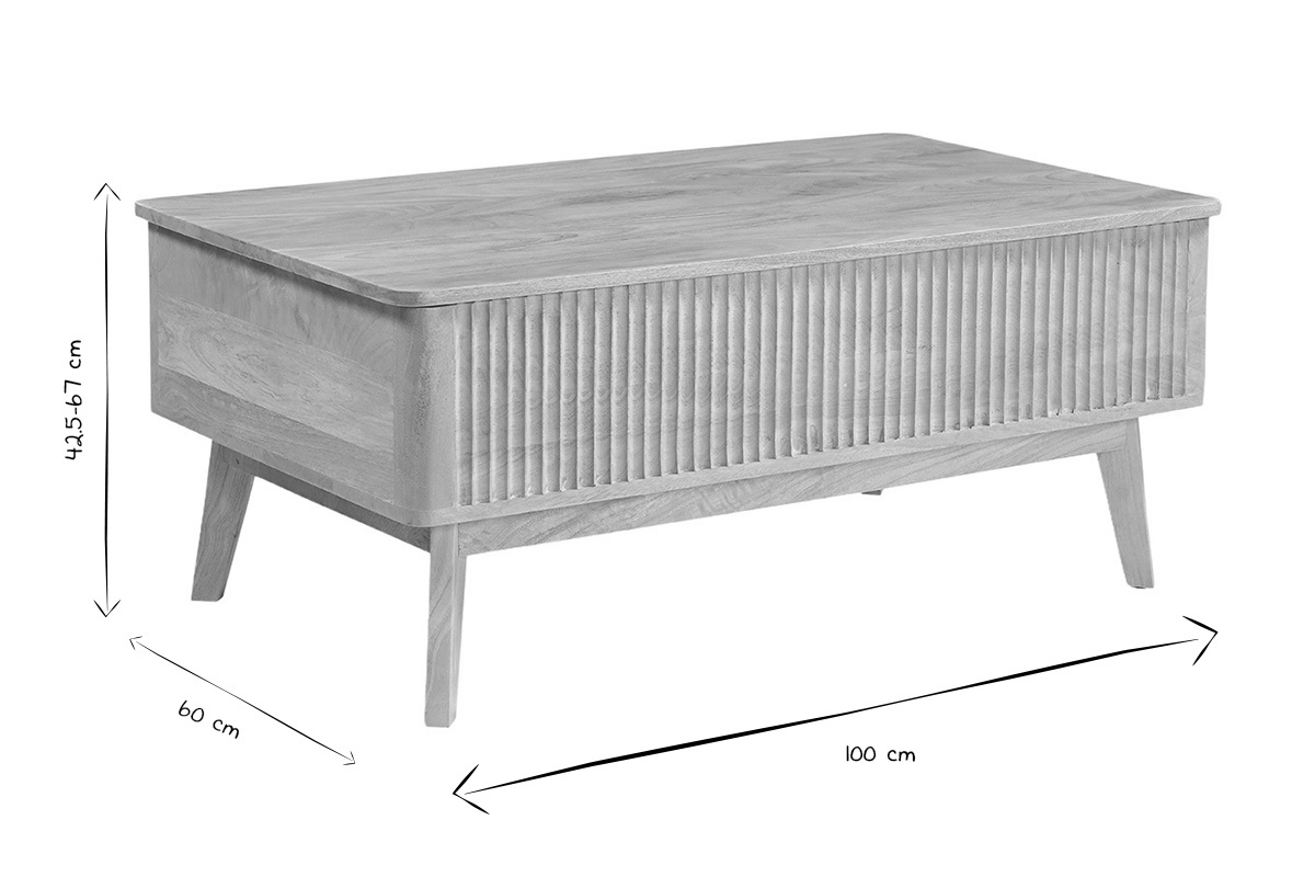 Dimensiones de la mesa baja elevable ALDA en negro y blanco: L100 x P60 x H42,5 a 67 cm