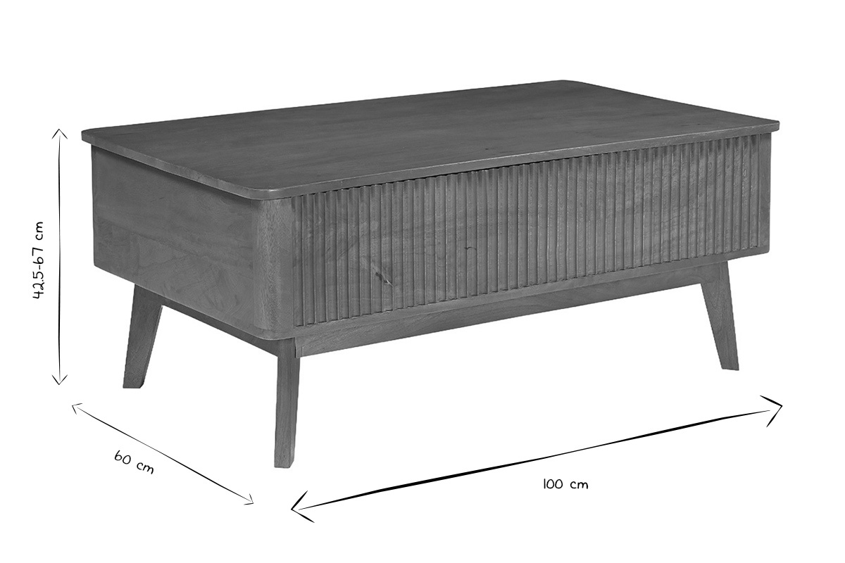 Dimensiones de la mesa de centro elevable ALDA en blanco y negro, L100 x P60 x H42,5-67 cm