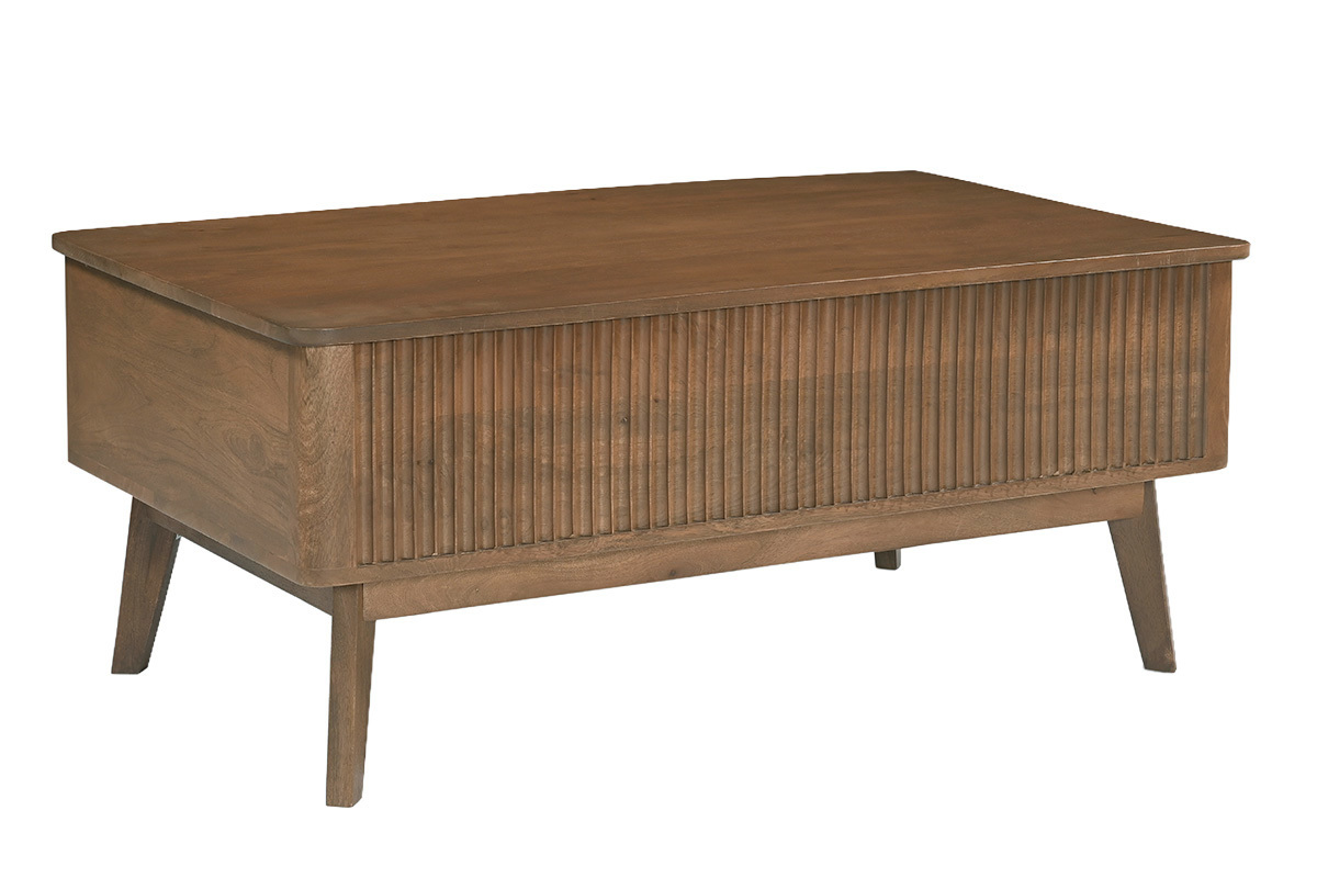 Mesa de centro rectangular elevable de madera maciza de mango oscuro, vista en 3/4.