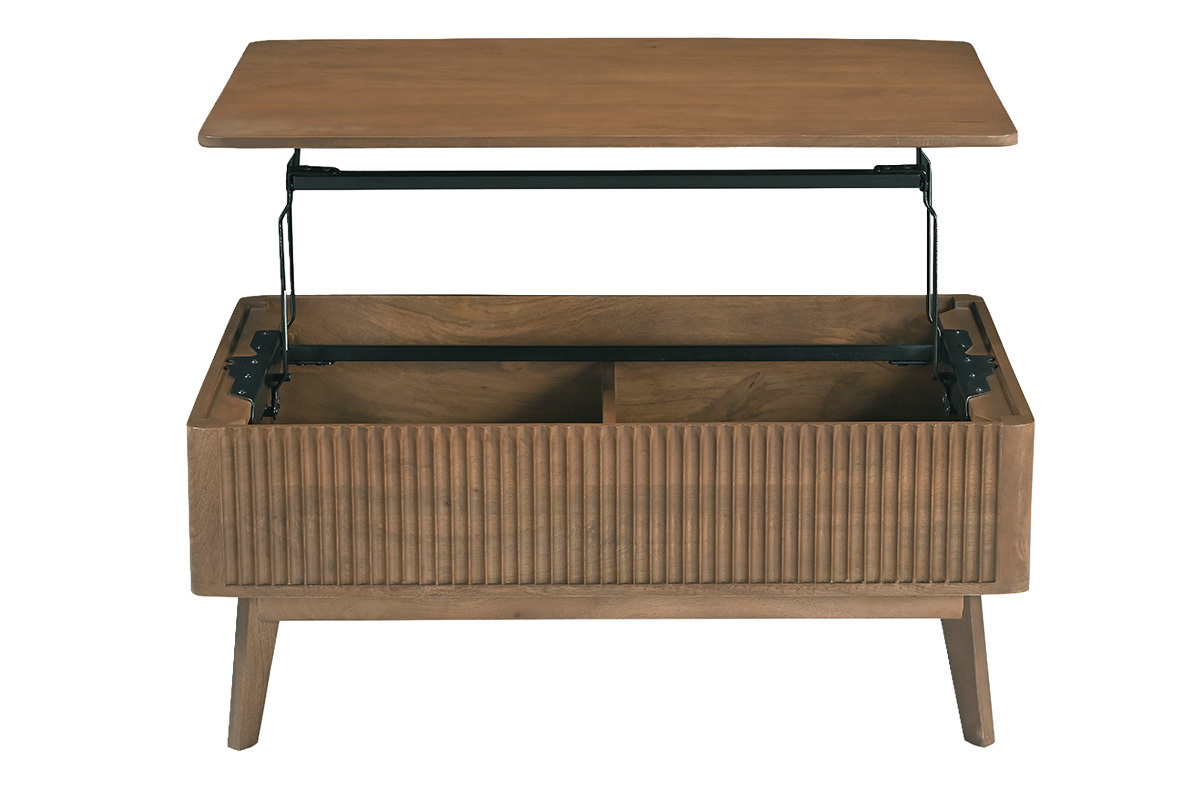 Mesa de centro elevable rectangular de madera oscura de mango macizo, vista frontal, con el tablero abierto.