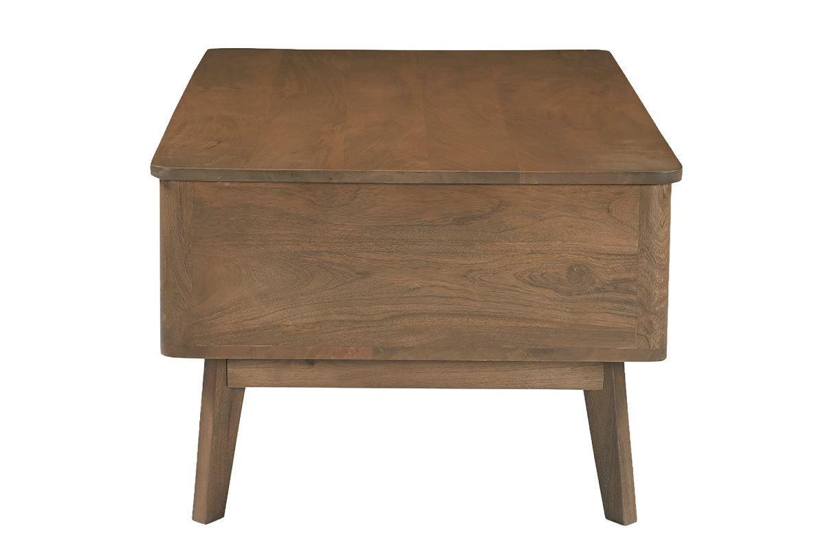 Vista de perfil de la mesa de centro elevable rectangular de madera de mango oscura, dimensiones L100 cm.