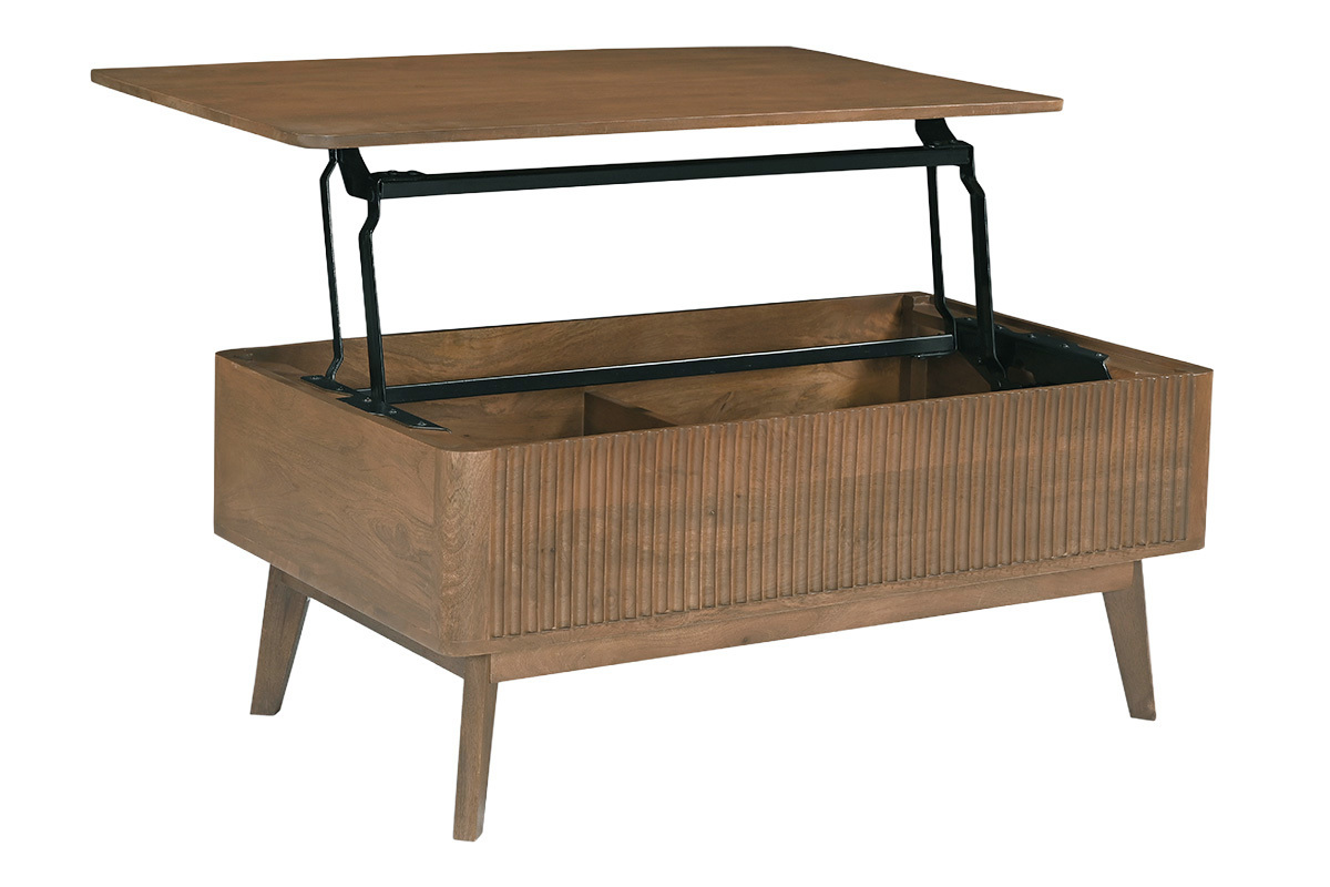 Mesa de centro elevable rectangular de madera de mango maciza oscura, vista en tres cuartos con la tapa abierta.