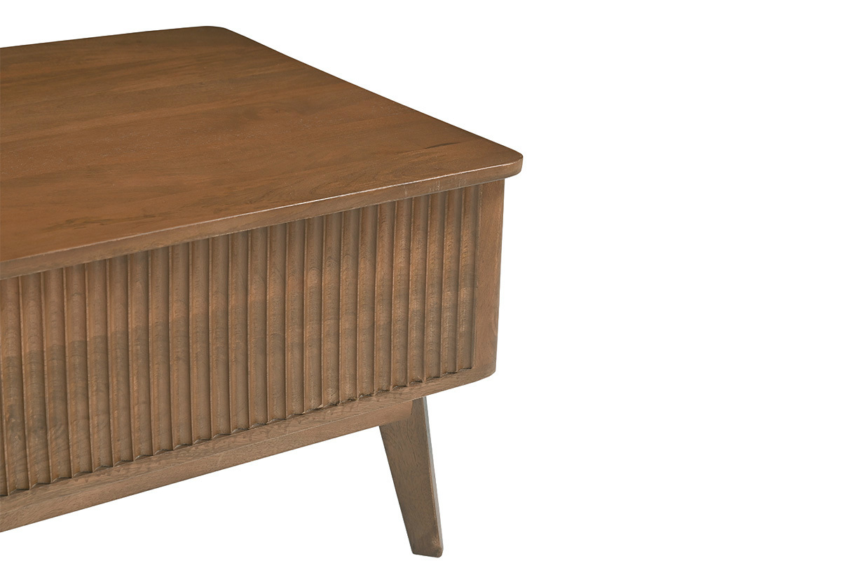 Mesa de centro rectangular elevable de madera oscura con dise�o contempor�neo, vista lateral.