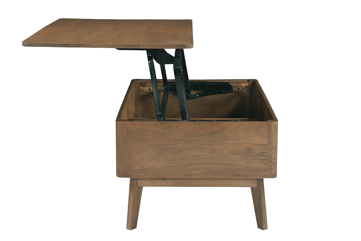 Mesa baja elevable rectangular de madera maciza de mango, vista de perfil, con el tablero en posici�n elevada.