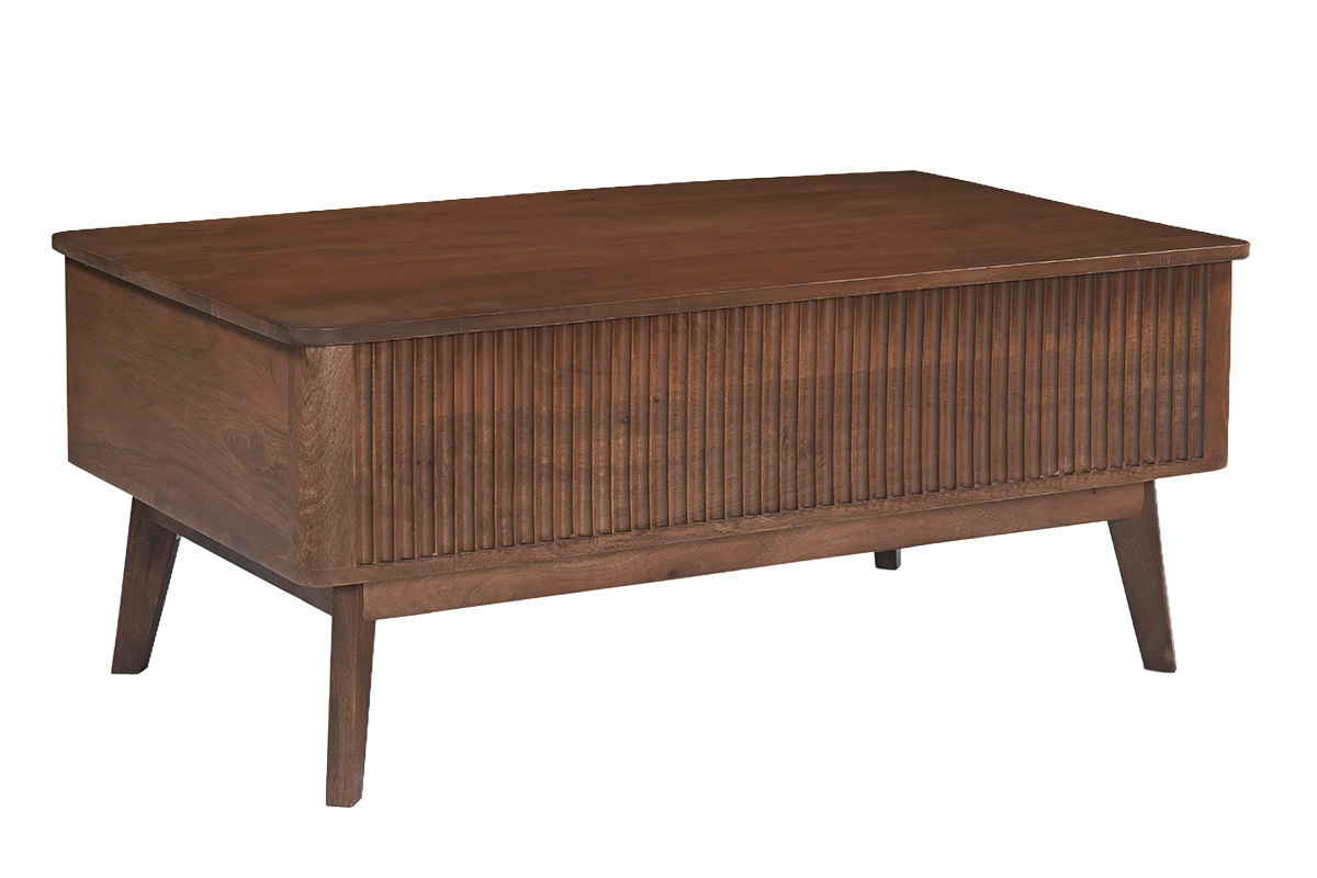 Mesa de centro elevable rectangular de madera de mango maciza oscura, vista de 3/4.