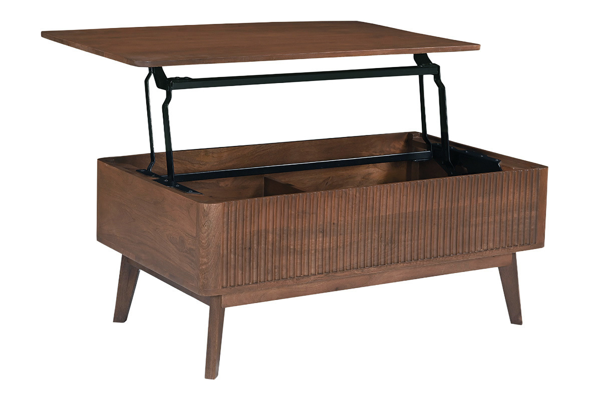 Mesa de centro elevable rectangular de madera oscura, vista en tres cuartos, con el tablero abierto.