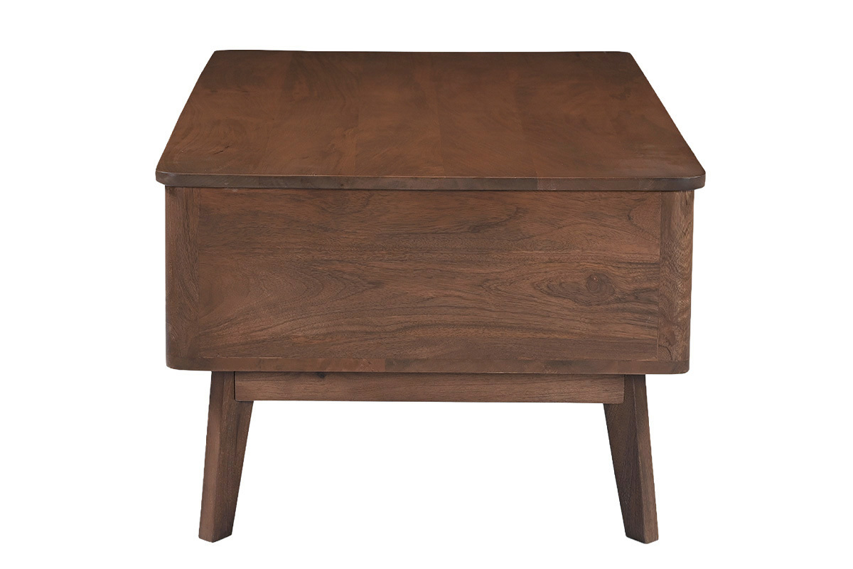 Mesa de centro rectangular elevable de madera oscura de mango maciza, vista de perfil.