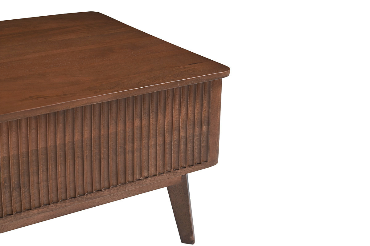 Mesa de centro elevable rectangular de madera oscura, vista en 3/4, con textura en relieve.