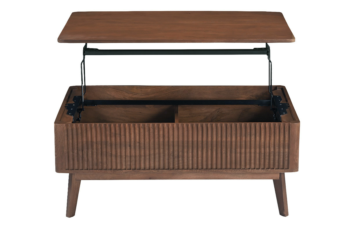 Mesa baja elevable rectangular de madera maciza de mango, vista frontal con el tablero abierto.