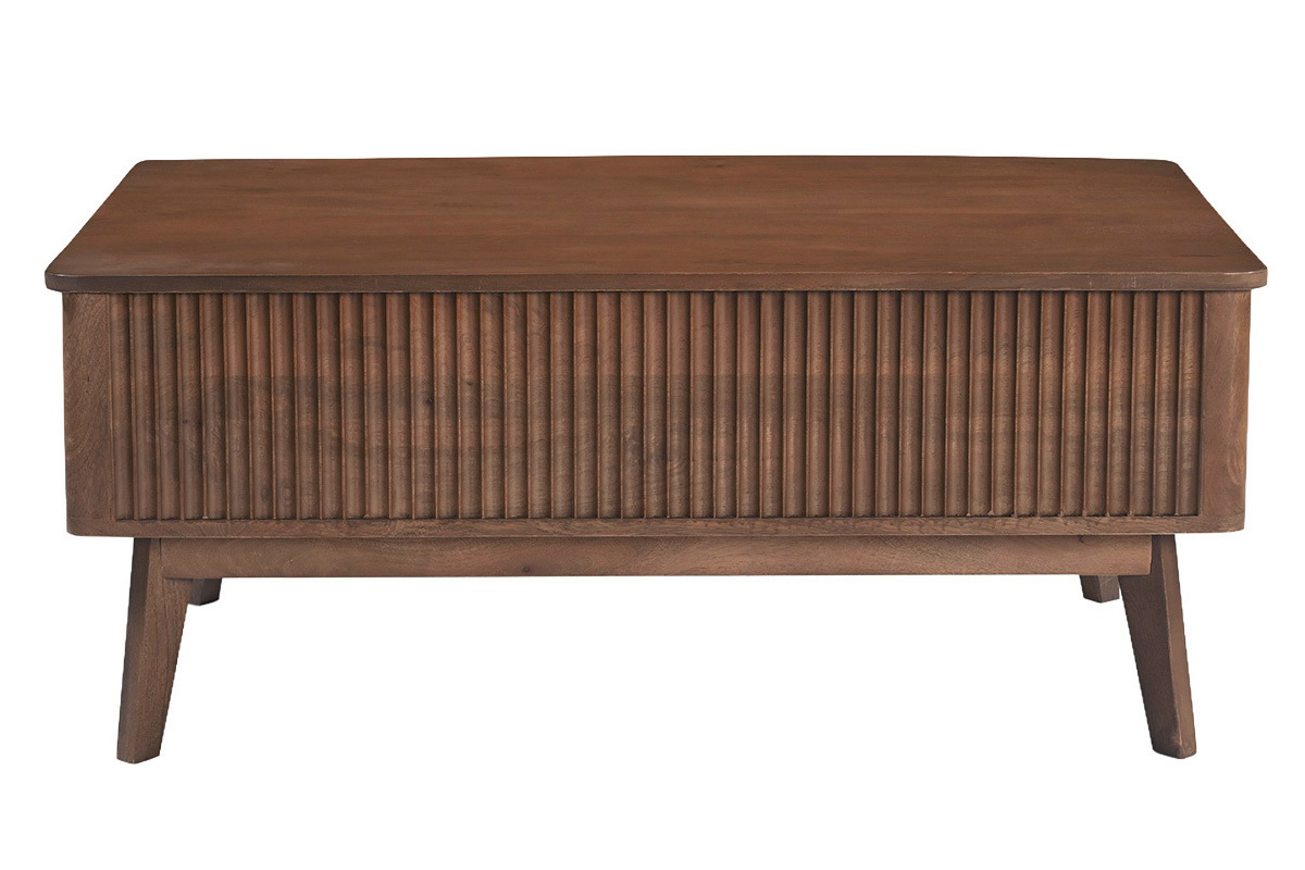 Mesa de centro rectangular elevable de madera oscura con dise�o en relieve, vista frontal