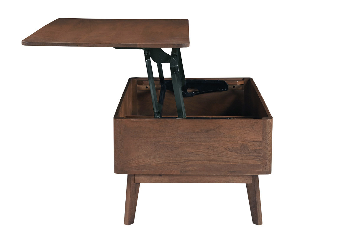 Mesa de centro elevable rectangular de madera oscura, vista lateral con la tapa abierta.