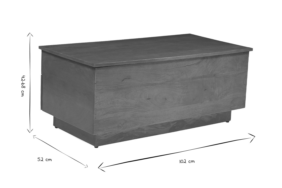 Dimensiones de la mesa de centro NEXO: 42-68 cm (altura), 52 cm (anchura), 102 cm (longitud) en negro y blanco.