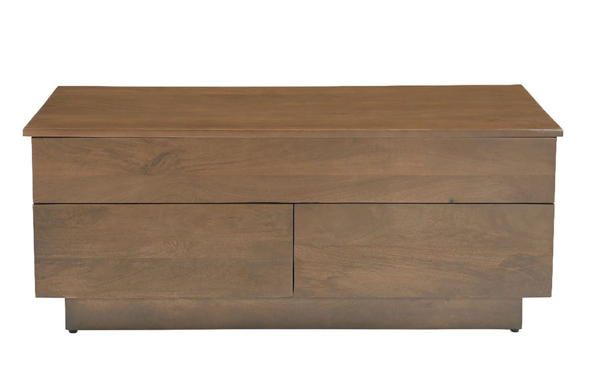 Mesa de centro elevable rectangular de madera oscura de mango, vista frontal con cajones