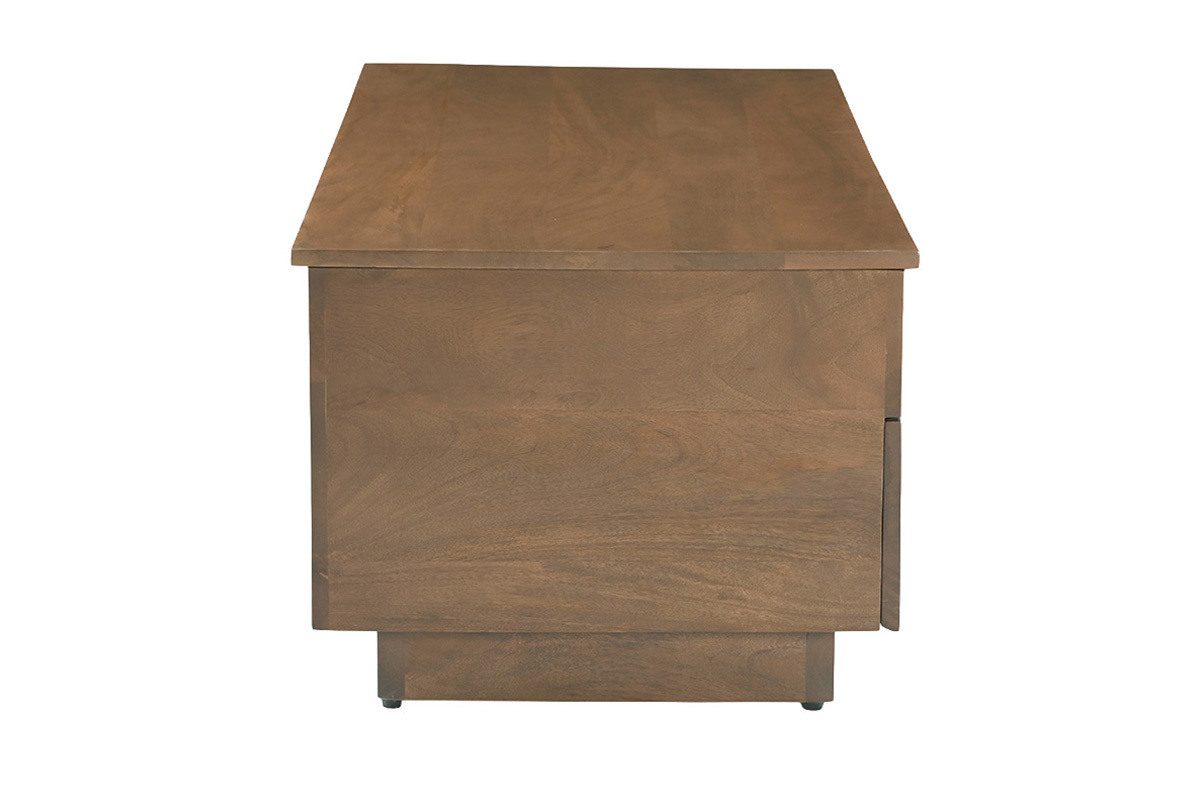 Mesa de centro elevable rectangular de madera de mango maciza oscura, vista de perfil.