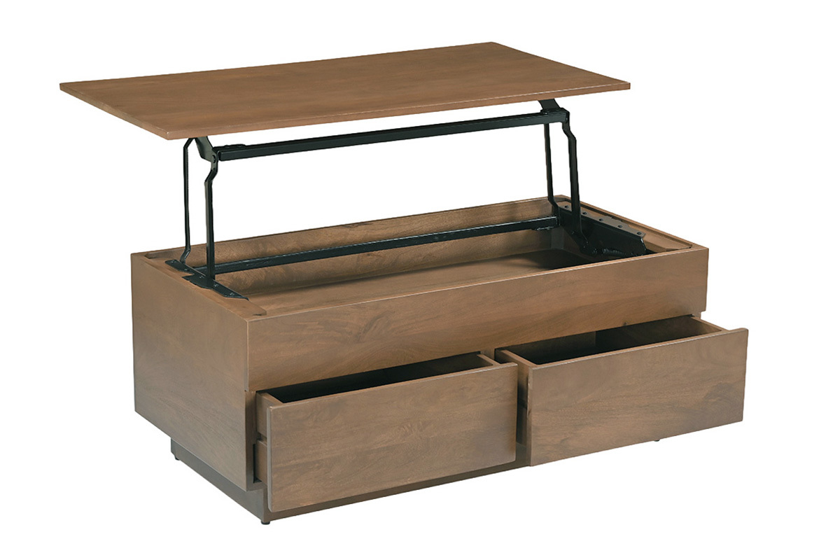 Mesa de centro elevable rectangular de madera maciza de mango con cajones, vista de 3/4.