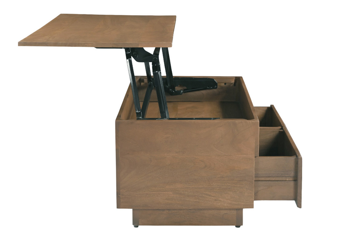 Mesa baja elevable de madera de mango oscura, vista de perfil con cajones abiertos.