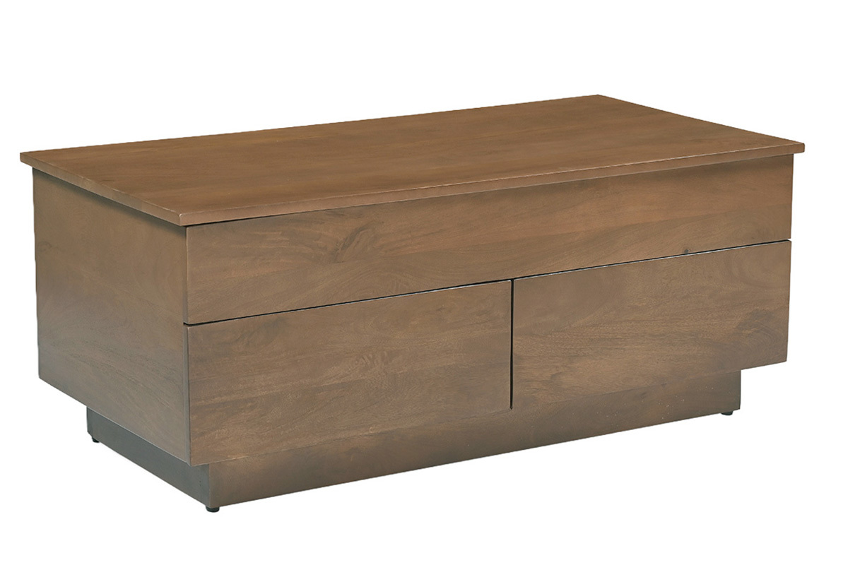 Mesa de centro rectangular de madera oscura de mango macizo con dos cajones, vista de 3/4.