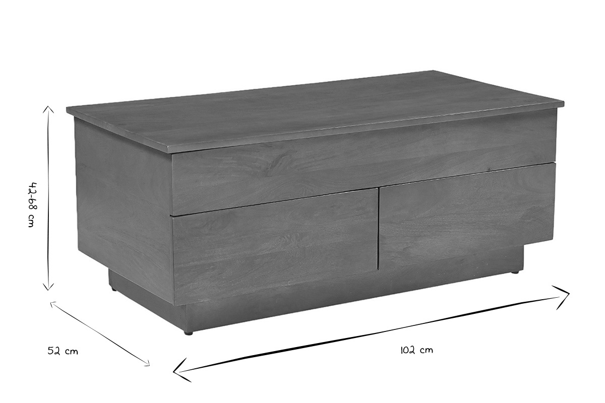 Mesa de centro elevable NEXO dimensiones en negro y blanco: 42-68 cm de altura, 52 cm de profundidad, 102 cm de ancho.