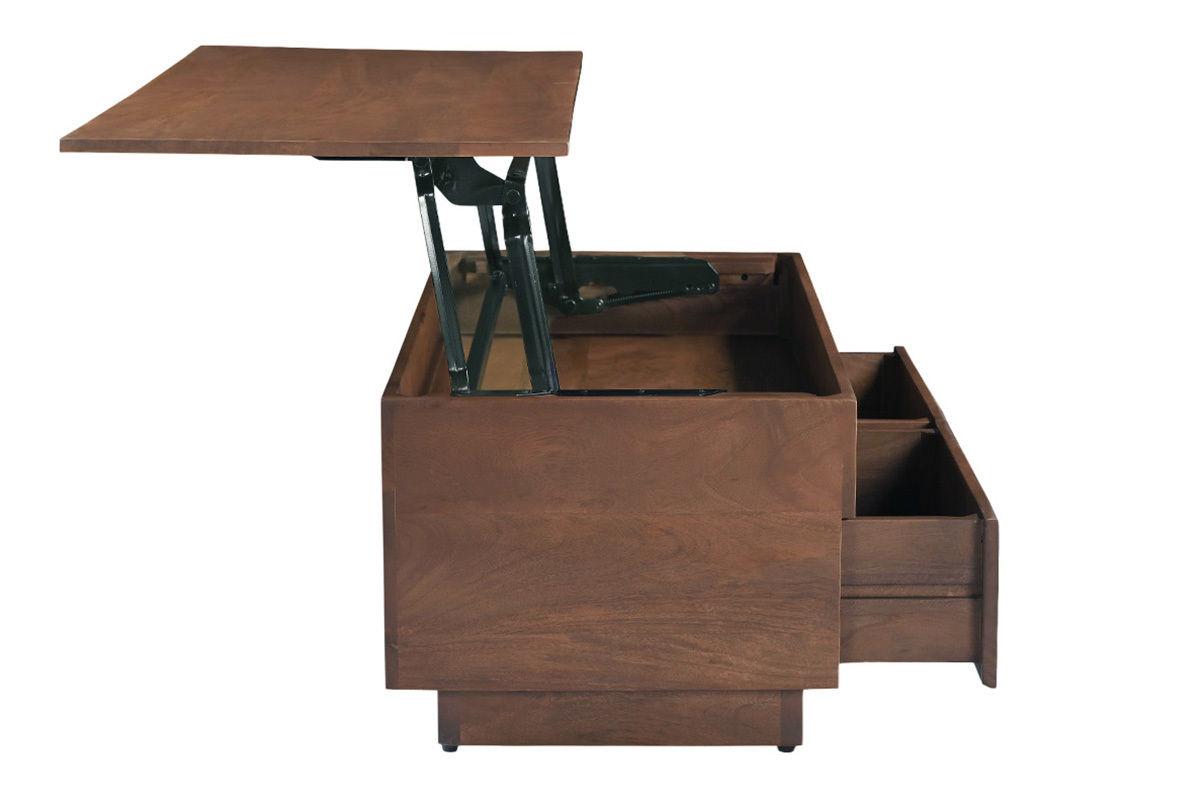 Mesa de centro elevable de madera oscura, vista lateral con el tablero levantado y los cajones abiertos.