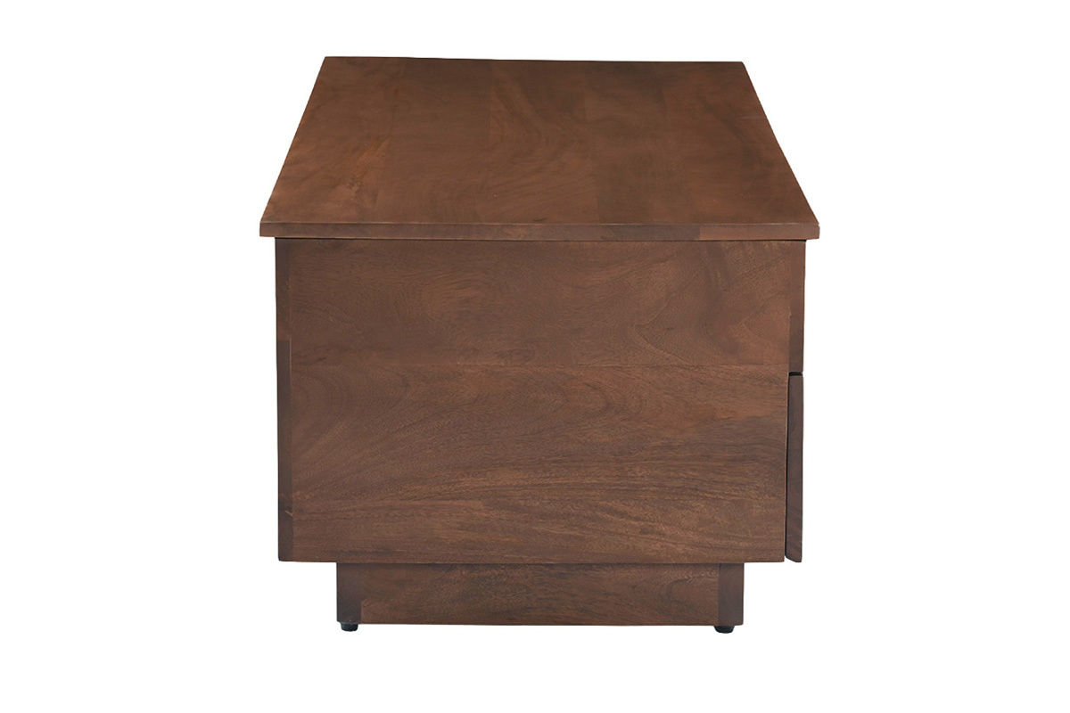Mesa de centro elevable rectangular de madera oscura de mango, vista de perfil, L102 cm.