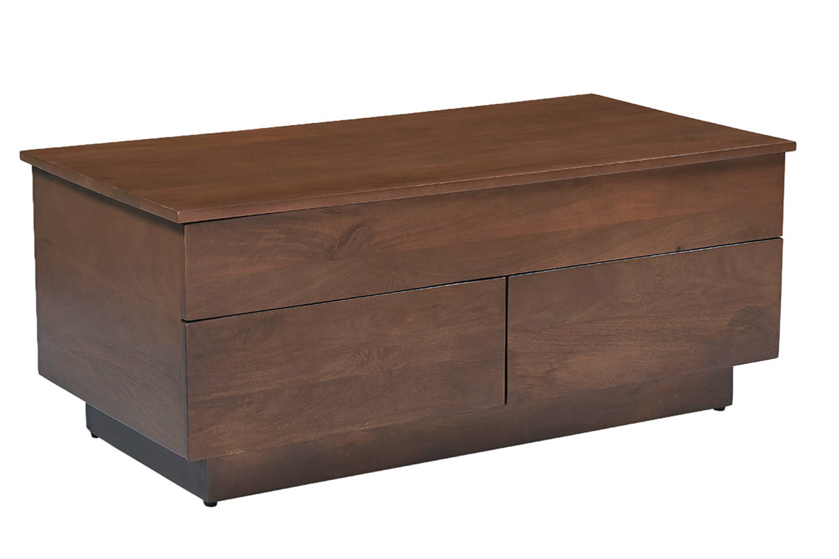 Mesa de centro elevable rectangular de madera oscura de mango maciza, vista en tres cuartos lateral