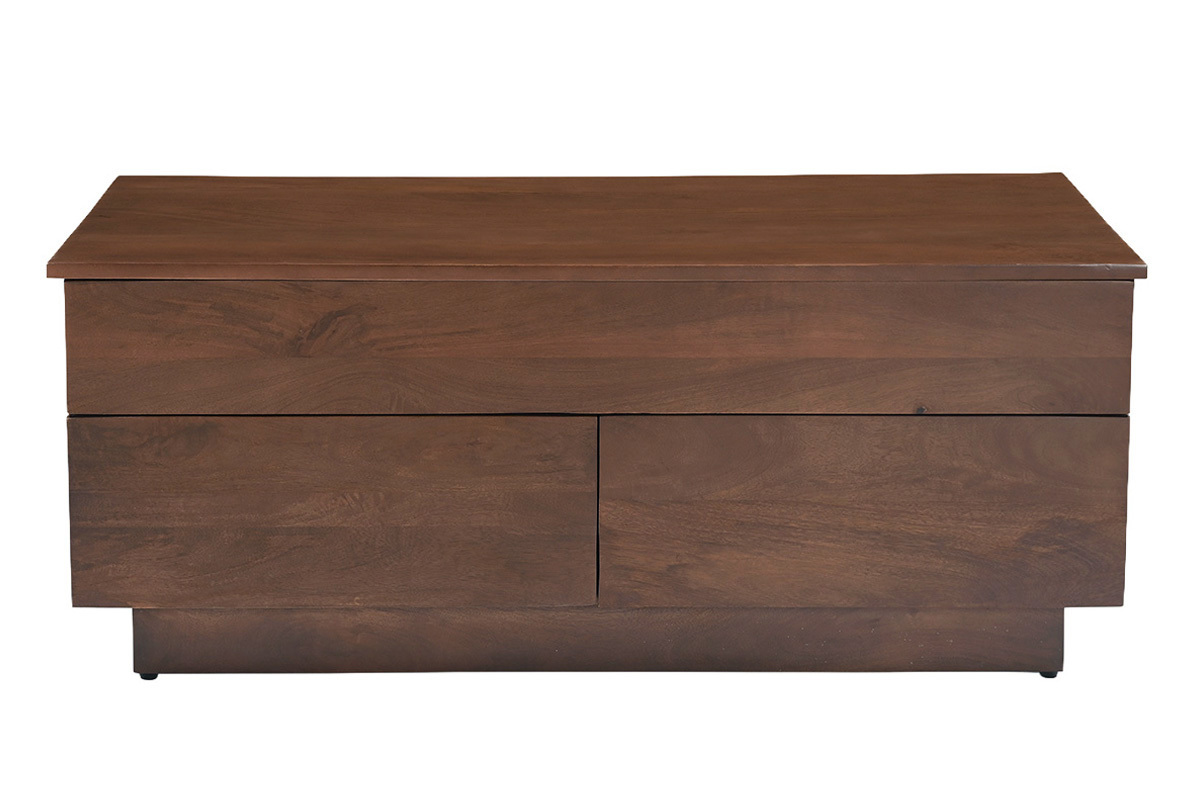 Mesa de centro elevable rectangular de madera de mango maciza oscura, vista frontal.