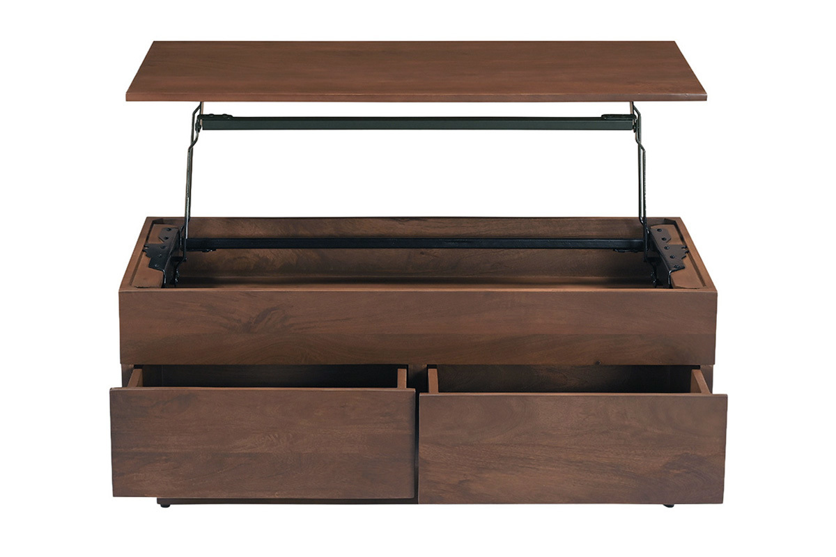 Mesa de centro rectangular elevable de mango macizo oscuro con cajones abiertos