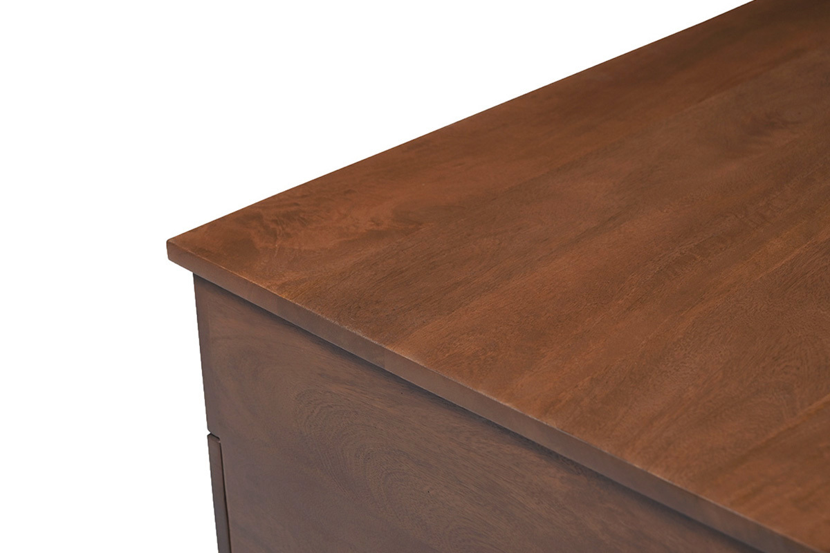 Vista detallada del tablero de la mesa de centro elevable NEXO en mango macizo oscuro.