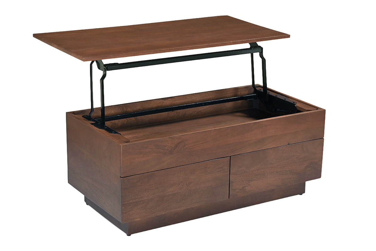 Mesa de centro rectangular elevable de mango macizo oscuro con tablero abierto, vista de tres cuartos
