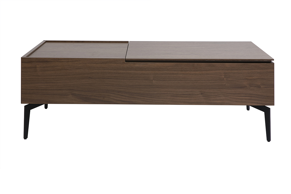 Mesa baja rectangular de madera oscura, acabado en nogal, metal negro, vista frontal.