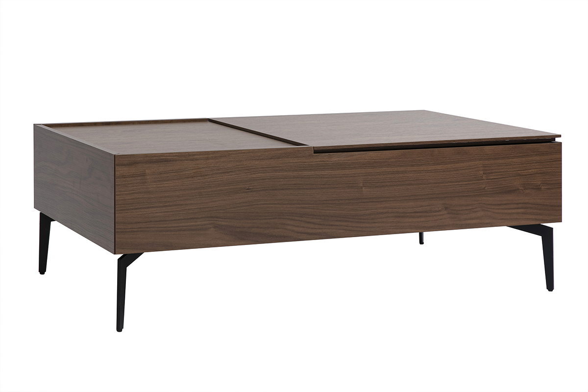 Mesa baja rectangular de madera oscura con pata de metal negro, vista de 3/4.