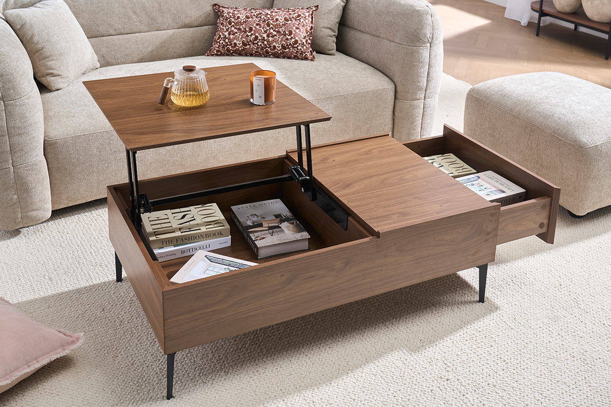 Mesa de centro elevable rectangular madera oscura acabado nogal y metal negro L103 cm SEDA