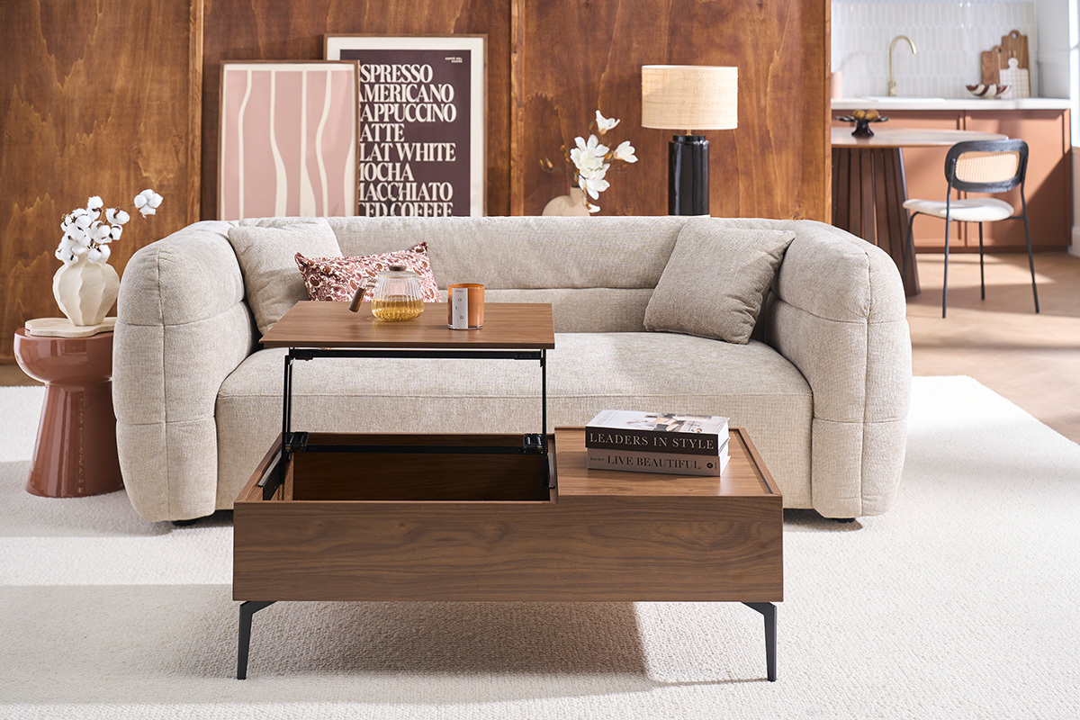 Mesa de centro elevable rectangular madera oscura acabado nogal y metal negro L103 cm SEDA