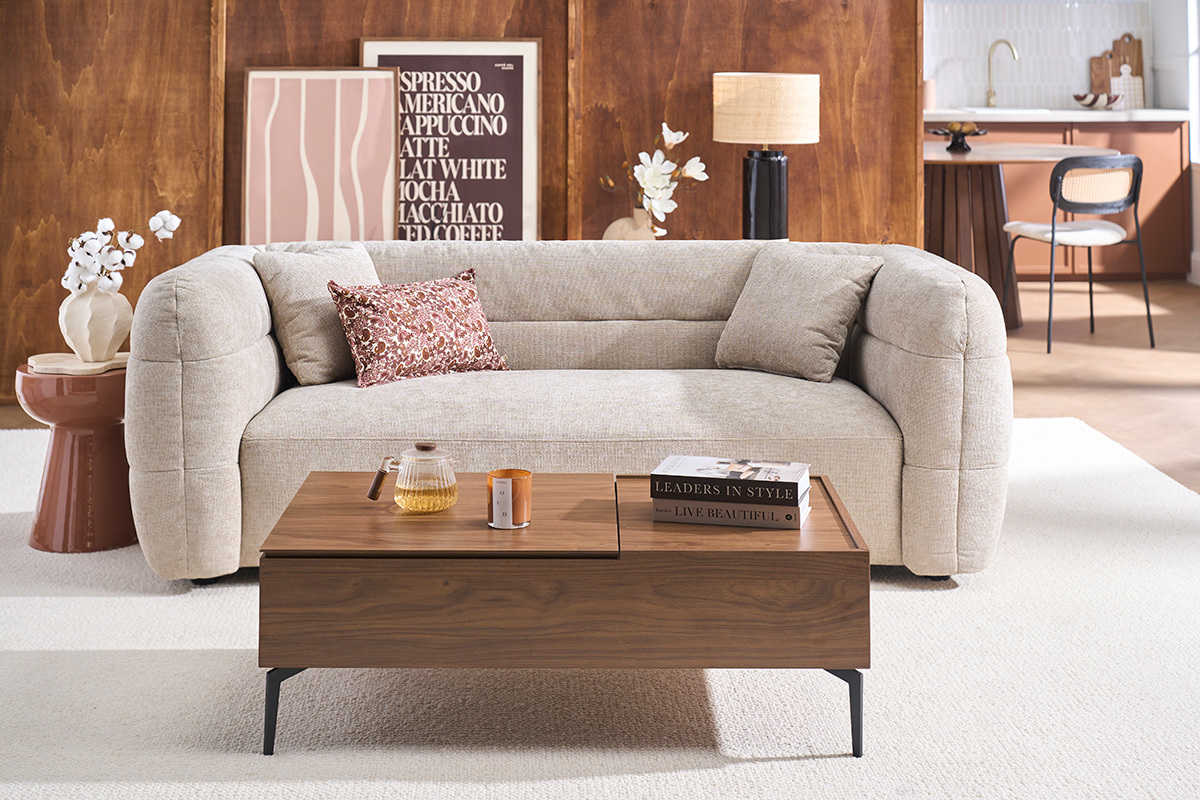 Mesa de centro elevable rectangular madera oscura acabado nogal y metal negro L103 cm SEDA