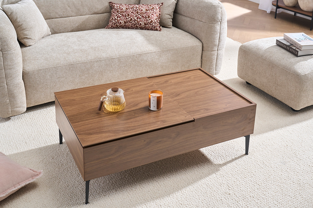 Mesa de centro elevable rectangular madera oscura acabado nogal y metal negro L103 cm SEDA