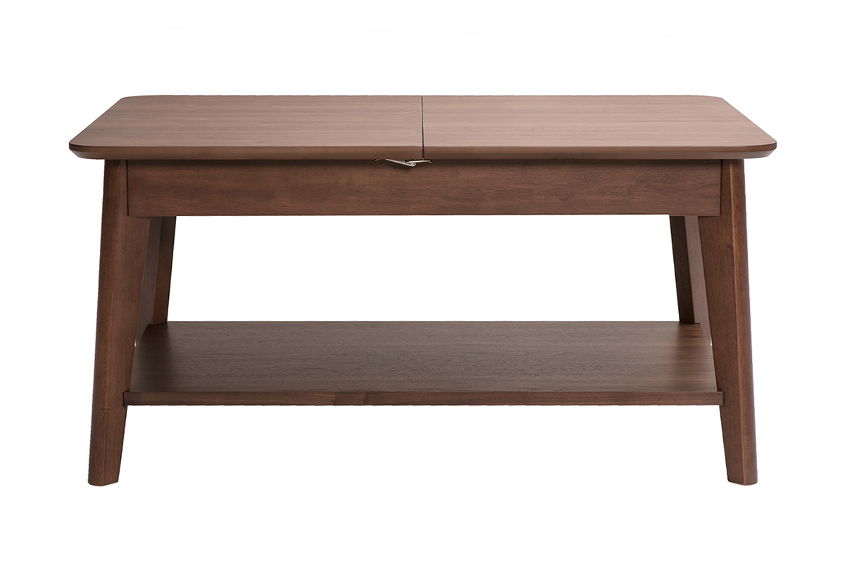 Mesa de centro rectangular extensible de madera oscura, vista frontal, dimensiones L90-120 cm.