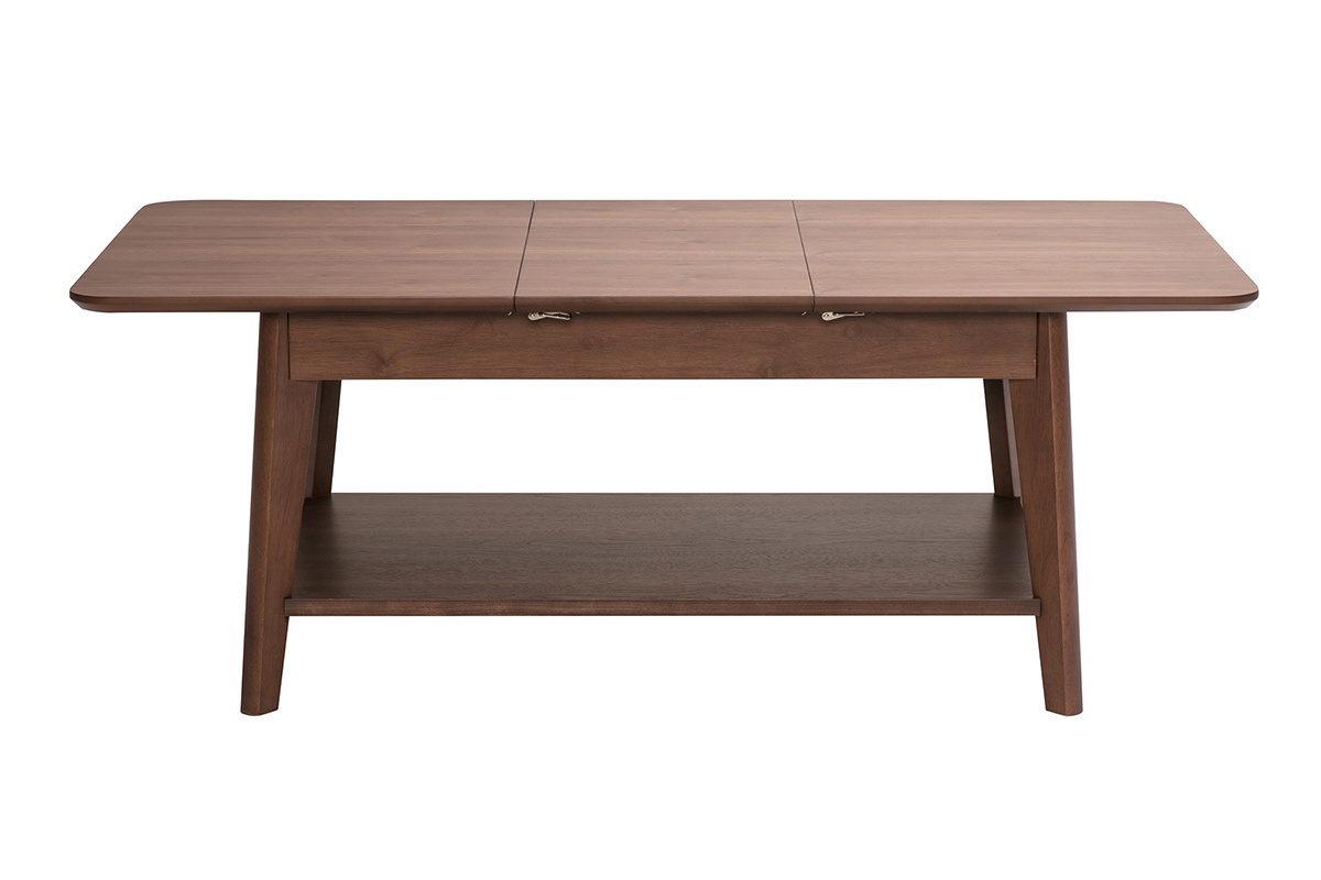 Mesa de centro extensible rectangular de madera oscura, vista frontal, dimensiones L90-120 cm.