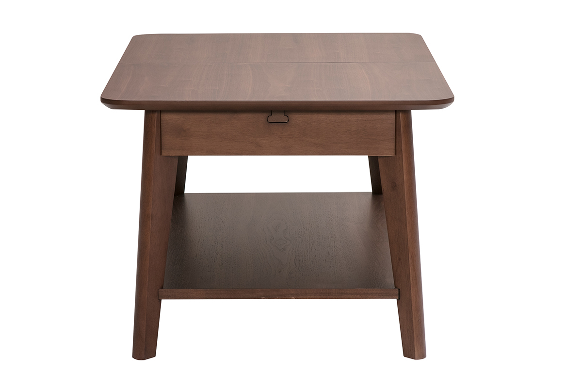 Mesa de centro extensible rectangular de madera oscura, vista de perfil, con caj�n y estante debajo.