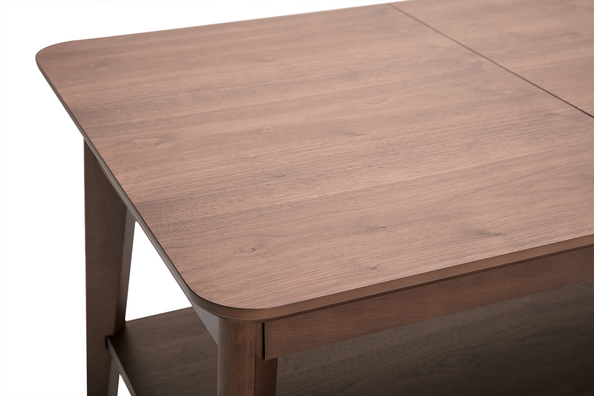 Mesa de centro rectangular extensible de madera oscura, vista desde arriba, detalles del tablero.
